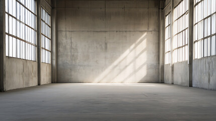 Empty warehouse bathed in natural light, creating a spacious and versatile environment. Ideal for industrial use or creative studio space.