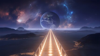 A luminous bridge cuts across a misty, otherworldly landscape, offering a celestial path on the epic journey home to Earth.