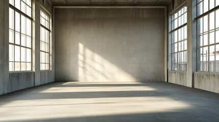 Sunlit Concrete Room: A spacious, empty concrete room is illuminated by sunlight streaming through large windows, creating a minimalist and industrial aesthetic.