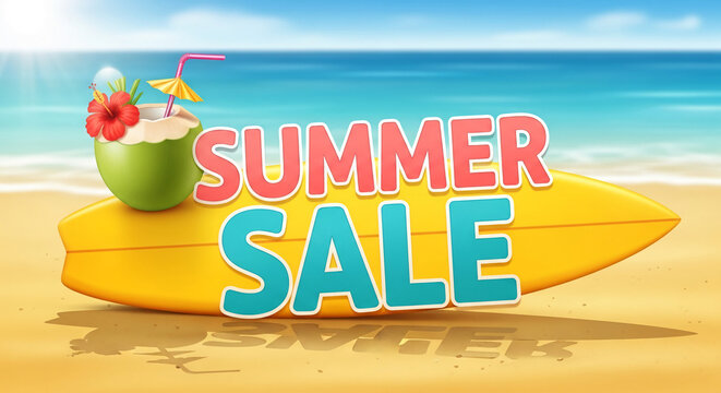 Illustration of a green coconut drink and a yellow surfboard on a sandy beach, displaying "Summer Sale", representing vacation and retail promotion - Powered by Adobe