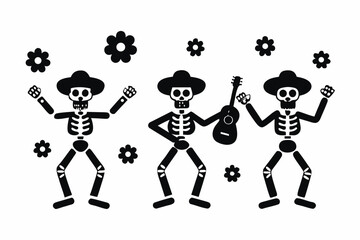 Dancing Skeleton Vector, Mexican Festival Celebration with Guitar and Marigold Flowers, Flat Style Illustration 