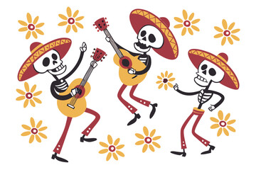 Dancing Skeleton Vector, Mexican Festival Celebration with Guitar and Marigold Flowers, Flat Style Illustration isolated on white background