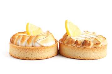 Tasty lemon tartlets on white background
