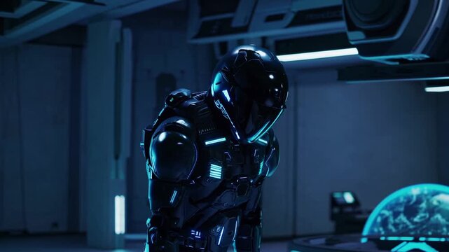 Soldat spatial en armure noire dans un poste de commandement