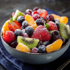 Colorful bowl of mixed fresh fruits with sugar sprinkled on top