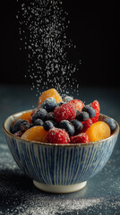 Colorful bowl of mixed fresh fruits with sugar sprinkled on top