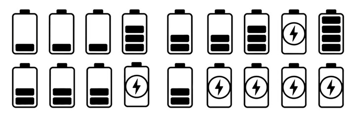 Minimalist battery level icons set with charging indicator for user interface design