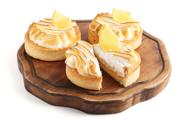 Tasty lemon tartlets on white background