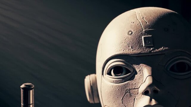 Portrait d&rsquo;un andro&iuml;de au regard humain sous lumi&egrave;re dor&eacute;e