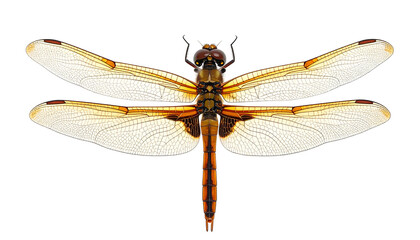 Close-up of a golden and brown dragonfly, wings spread, isolated
