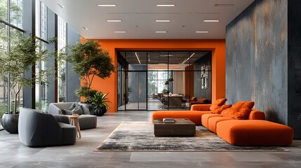 Vibrant modern office lounge with orange sofas and grey armchairs in soft morning light. A glass-walled conference room is in the background.