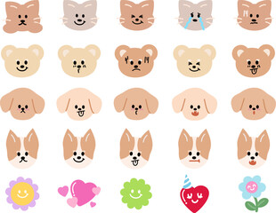 Cute vector illustrations of puppy and cat expressions, flowers, heart for cartoon characters, comic, animals, pet shop, vet, emoji, mood, feelings, emotion, emoticon, Valentine's day, patch, pin