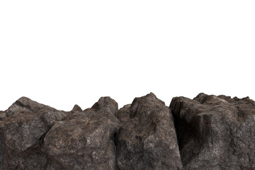 A detailed close-up shows a jagged, textured rock formation against a transparent background. The rugged surface displays various shades of gray and brown with visible cracks