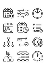 Set of 10 business process workflow and schedule icons black and white line art collection