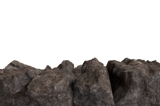 A detailed close-up shows a jagged, textured rock formation against a transparent background. The rugged surface displays various shades of gray and brown with visible cracks