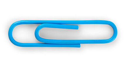 Blue plastic paper clip isolated on white background for office stationery use