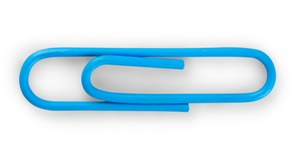 Blue plastic paper clip isolated on white background for office stationery use