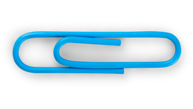 Blue plastic paper clip isolated on white background for office stationery use