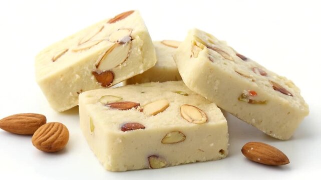 badam cham cham sweet isolated on white background, indian cuisine video