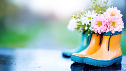 Brightly colored rain boots are creatively used as flower pots, showcasing vibrant flowers in a sunny garden setting during springtime.