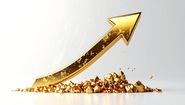 A gleaming, golden arrow ascends from a pile of fragmented gold nuggets, suggesting upward momentum and financial prosperity against a white backdrop