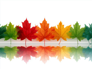 Fototapeta premium Colorful maple leaves arranged in mirrored symmetry over white reflective surface, symbolizing balance, reflection, and harmony of changing seasons, with copy space