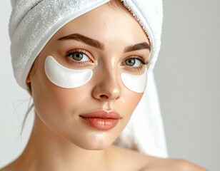 Young woman with eye patches under the eyes and a towel 