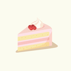 vector illustration of a piece of cake with pink cream and berry as the topping. flat design of a slice of strawberry cake. simple cake icon