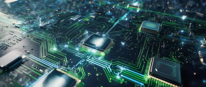 A cinematic fly-through of a glowing quantum computer circuit board. An abstract background for high-tech innovation and processing power.
