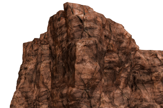 A textured, rocky cliff face juts out against a transparent background. Its surface is weathered, displaying shades of brown and hints of light, emphasizing cracks and unevenness.