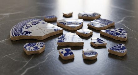 Scattered Fragments of Blue and White Porcelain on Dark Marble
A close-up studio shot featuring multiple small and large shards of blue and white patterned china or porcelain, scattered across a dark
