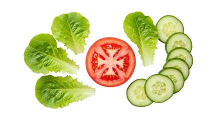 Fresh Cucumber Tomato Lettuce Arrangement on Transparent Background, Salad ingredient