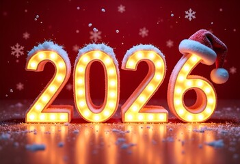 Glowing numbers 2026 on red background with Santa hat and snowflakes
