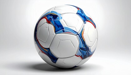 Obraz premium Modern soccer ball with white base and dynamic blue, red, and orange accents, featuring sleek interconnected panel design, placed on white background, showcasing professional sports equipment.