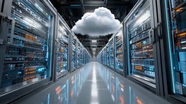 Cloud Infrastructure in Server Room: A digital depiction of a cutting-edge server room, where the intangible cloud merges with tangible technology.