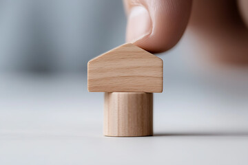 Tiny wooden house being stabilized by human finger, representing property, investment, security, or home ownership, on neutral background.