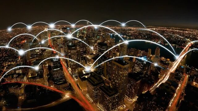 Digital City Connectivity: A dazzling display of technological advancement, where a cityscape is interconnected with radiant pathways, representing the seamless flow of information and innovation.