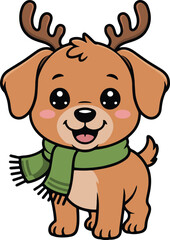 Fototapeta premium Kawaii Dog in Reindeer Antlers illustration, Christmas ClipArt, Xmas Doodle kawaii Sublimation, Winter holiday Clip Art Design