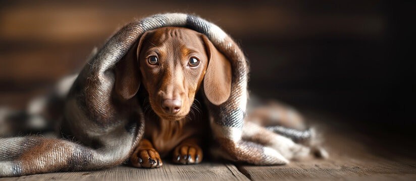 Adorable puppy wrapped in soft blanket lying on floor with big eyes symbolizing warmth, comfort, loyalty and emotion in cozy domestic atmosphere with copy space
