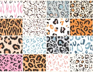 A grid showcasing a variety of animal print patterns in different color palettes. The designs include leopard, cheetah, and other wild cat skins © Dum