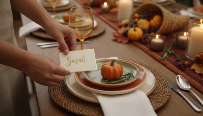 Fototapeta premium Thanksgiving table setting with pumpkins, candles, and name card.