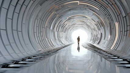 A Walk Towards the Future: A lone figure walks towards a bright and open space, traversing a modern and futuristic tunnel, embodying themes of hope, aspiration, and the pursuit of new possibilities.