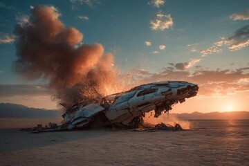 Fototapeta premium A dramatic image showcasing a crashed spaceship on a desolate planet with vibrant sunset, featuring smoke and sparks, under a partially cloudy sky.