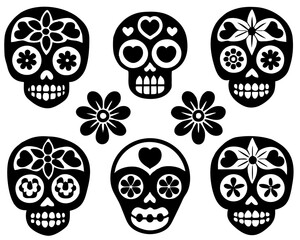 Sugar Skull Icon Collection, Decorative Calavera Faces with Flowers and Hearts Vector Set isolated on white background