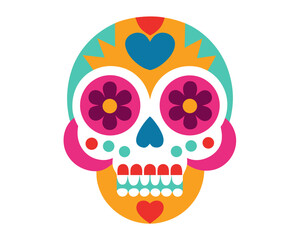 Sugar Skull Icon Collection, Decorative Calavera Faces with Flowers and Hearts Vector Set