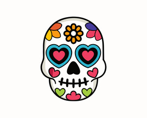 Sugar Skull Icon Collection, Decorative Calavera Faces with Flowers and Hearts Vector Set isolated on white background