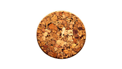Up-close cork disc from a bottle, isolated on black background