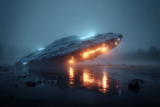 A mysterious UFO hovering over a misty landscape, casting reflections on the wet ground, with bright lights illuminating the otherworldly scene under a foggy sky.