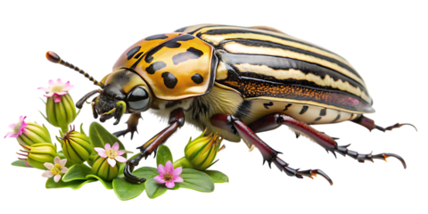 Magnificent goliath beetle amidst delicate wildflowers isolated on a dark canvas