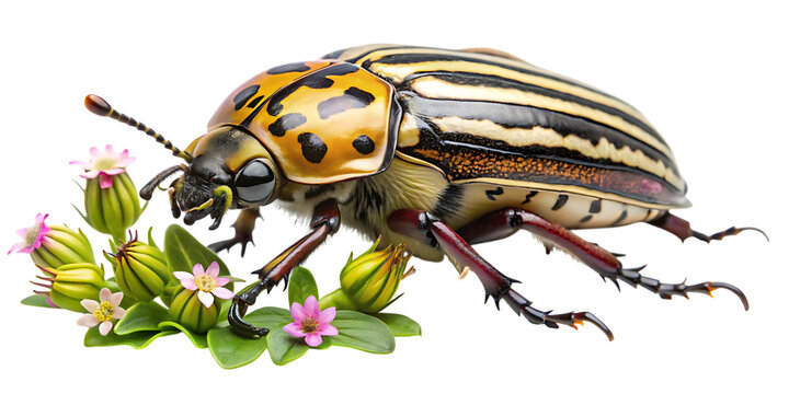 Magnificent goliath beetle amidst delicate wildflowers isolated on a dark canvas